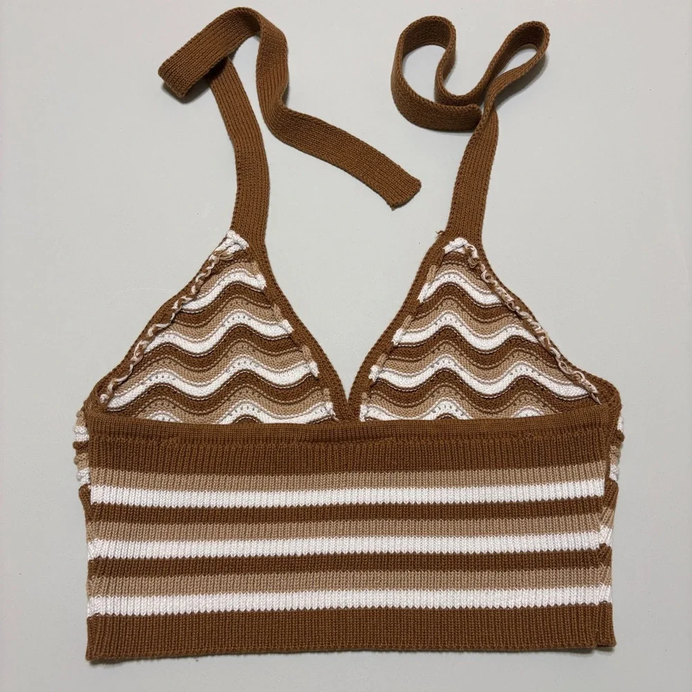 No Boundaries Chevron Striped Crochet Halter Crop Top Size M Brown Boho Festival